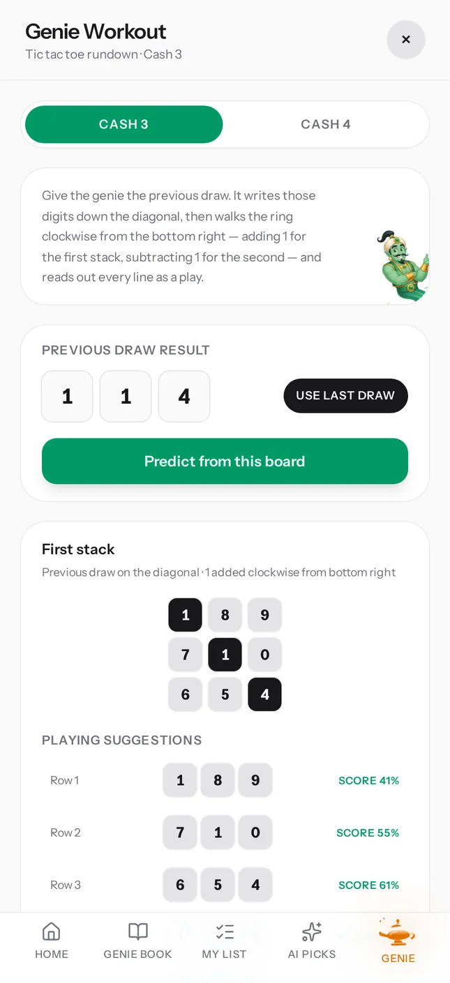 Actual Genie Workout screen with Cash 3 and Cash 4 toggle, previous draw inputs, and a tic tac toe stack