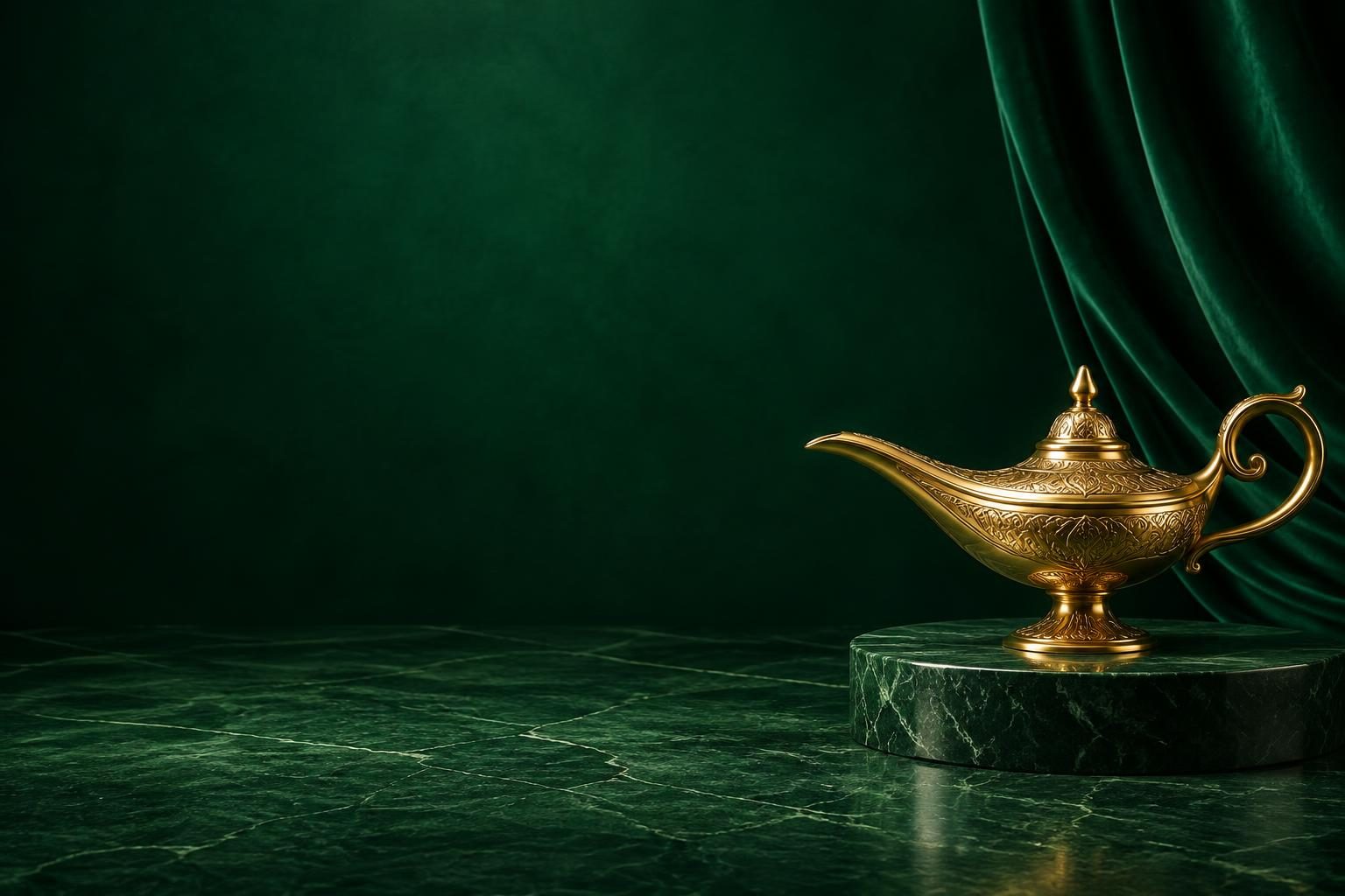 A polished brass genie lamp on an emerald pedestal